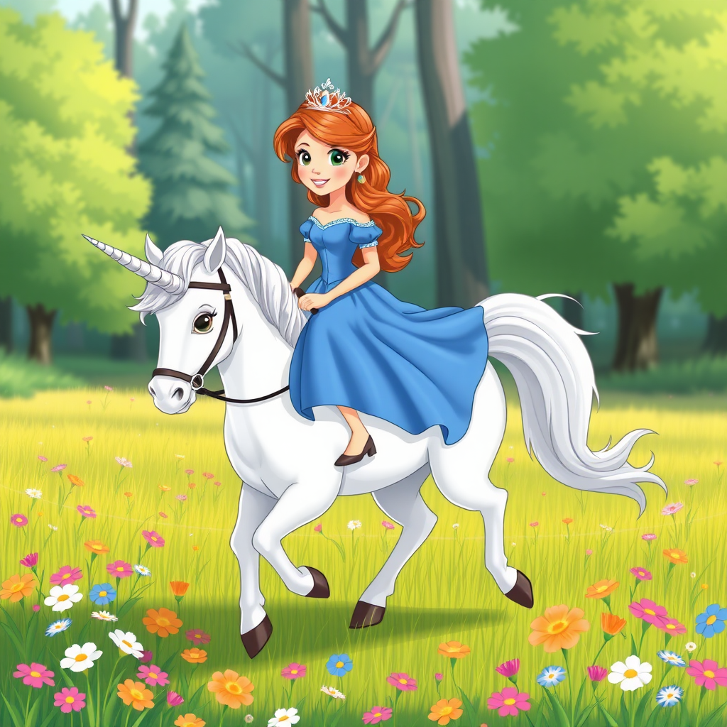 A cartoon princess in a blue dress riding a unicorn with a silver horn without bridle through a field of flowers in a forest clearing