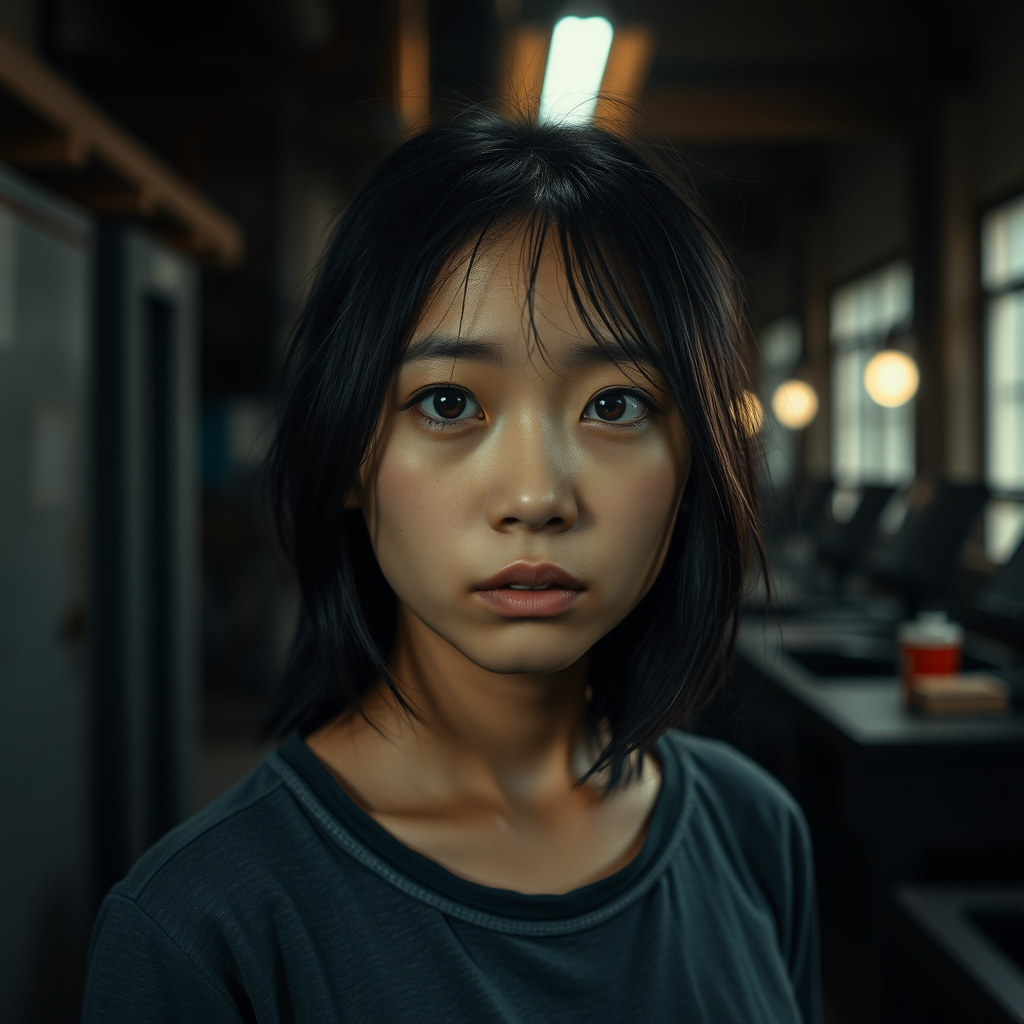 A very sad Asian Girl in a dark old Factory