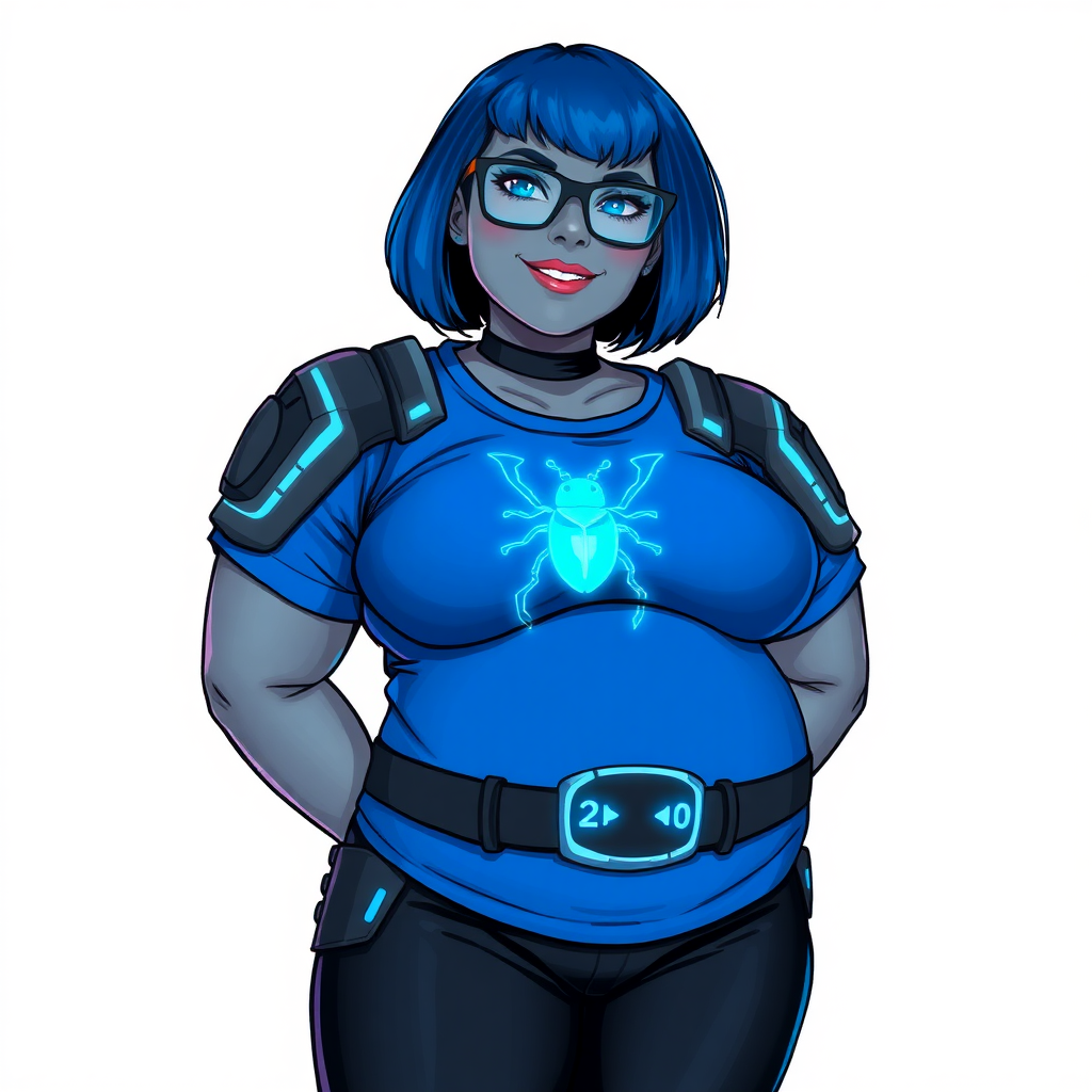 A 28-year-old, full-figured, middle gray skinned computer program hybrid with a maximum blue bob cut. She has a non-athletic build, highlighted by a prominent, round, large midsection (with heavy emphasis on her belly). As a digital sidekick, computer hacker, and nerdy girlfriend to her cyberpunk vigilante boyfriend, her middle gray metallic skin and maximum blue lipstick emphasize her digital nature. She wears a digital, computerized costume consisting of a gargantuan, tight-fitting, hi-tech, maximum blue t-shirt with a neon blue beetle glowing chest icon, hi-tech shoulder pads with neon blue accents, a black digital belt with a digital neon blue glowing beetle buckle, black biker pants with neon blue glowing accents, and black hi-tech gloves with neon blue glowing accents. Her neon blue glowing eyes, black eyeglasses with a neon blue glowing HUD built in its lenses, and lovestruck smile with neon red blush accentuate her nerdiness. She stands bashfully with her hands behind her back, her costume covering all her skin and emphasizing her full-figured physique (especially her belly). She is clearly non-athletic, with a focus on her full-figured physique. Despite her build, she radiates beauty. She is on a solid white background. She is drawn as if she was in a retro 2D cyberpunk fighting game.