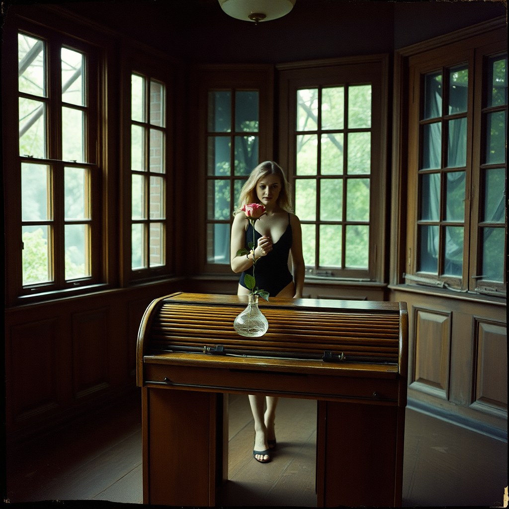 a scan of an old film photo with visible wear and fold marks and cracking with heavy vignetting and color tint and light leaks, depicting a rose sitting in a vase sitting on an old wooden roll top desk with a woman in black lingerie standing behind it in the middle of a photography studio with old wooden windows with multiple panes of glass showing greenery outside