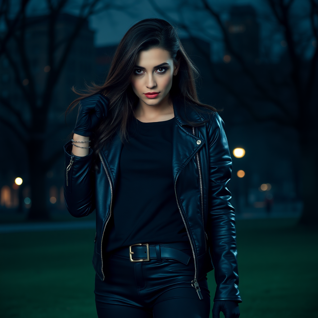 A beautiful badass female burglar in black leather jacket over black t-shirt with black pants and gloves in Manhattan park at night.