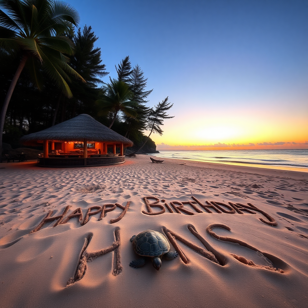 Beach with pines, bar and sunset. Sand spelling the words "Happy Birthday Hans". Turtle in beach.