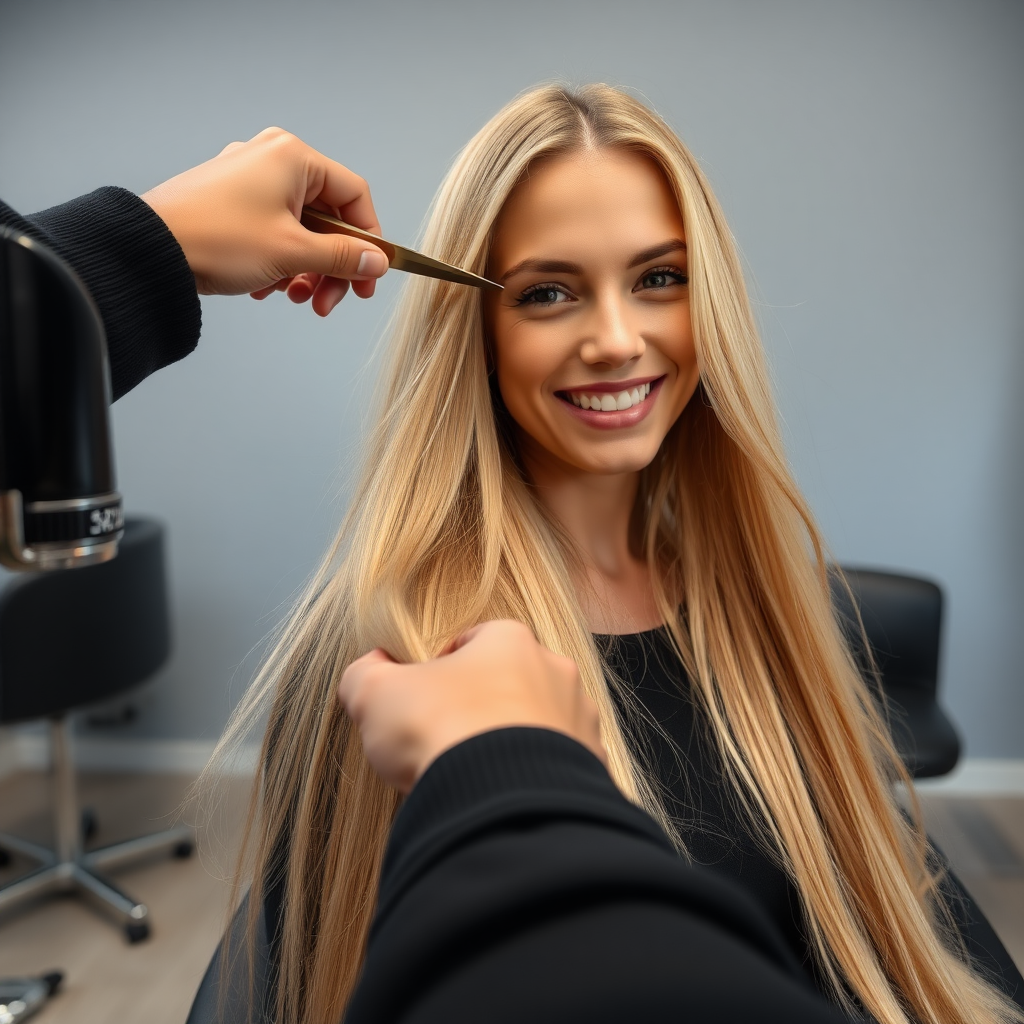 POV, beautiful very long haired blonde woman sitting in a hair salon smiling at the camera while I reach out from behind the camera to trim her very long hair.  Plain gray background.