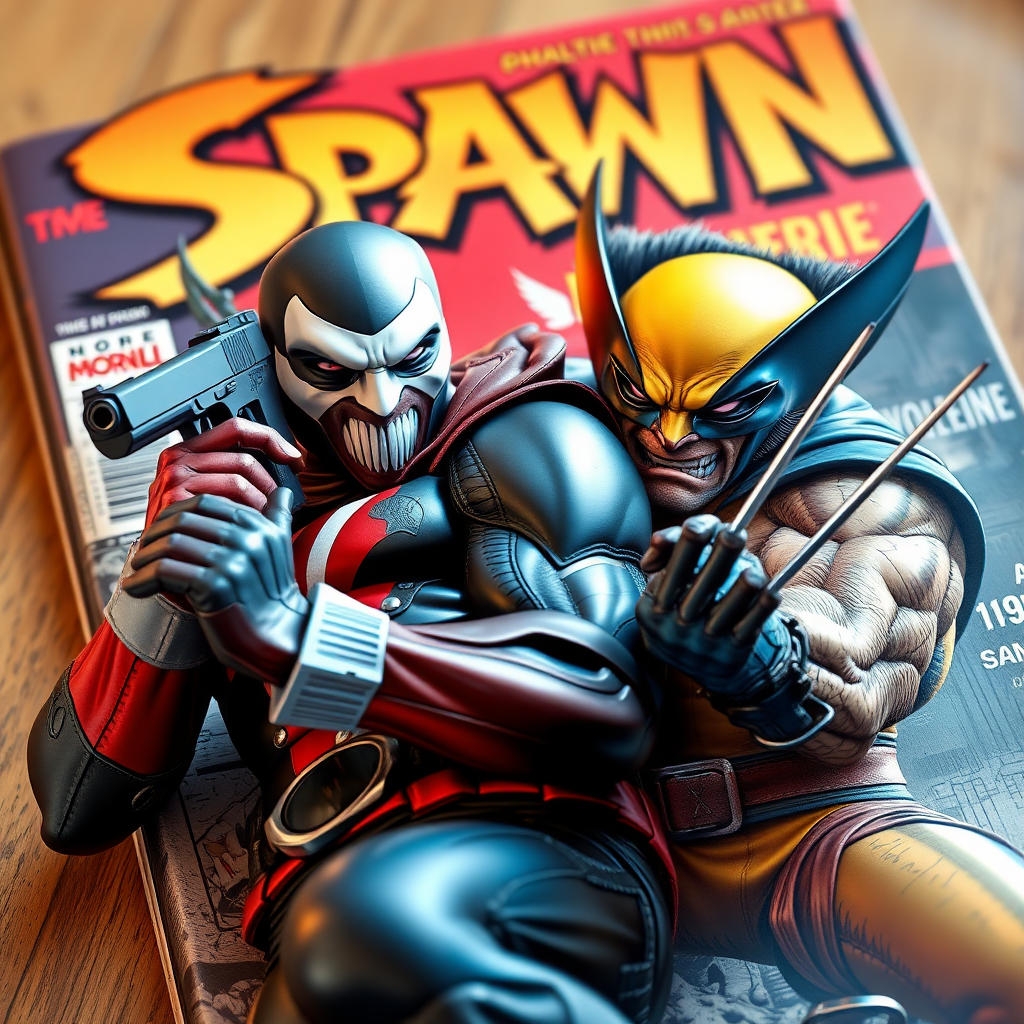 On a comic book cover is Spawn holding a gun Vs Wolverine in Cinematic Real3d photo-realistic quality.