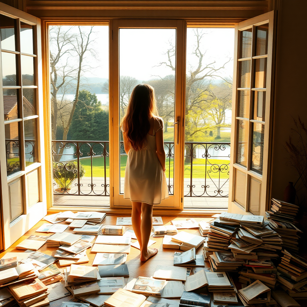 a young woman standing in the open terrace door and looking outside to a beautiful park with a lake and trees. she is wearing a simple dress and is barefooted. long brunette hair with highlights. on the floor behind her in the room there are many disrupted books and magazines. warm light outside. the books and magazines seem to disappear in something like fog on the ground of the room. sun on the terrace. photo