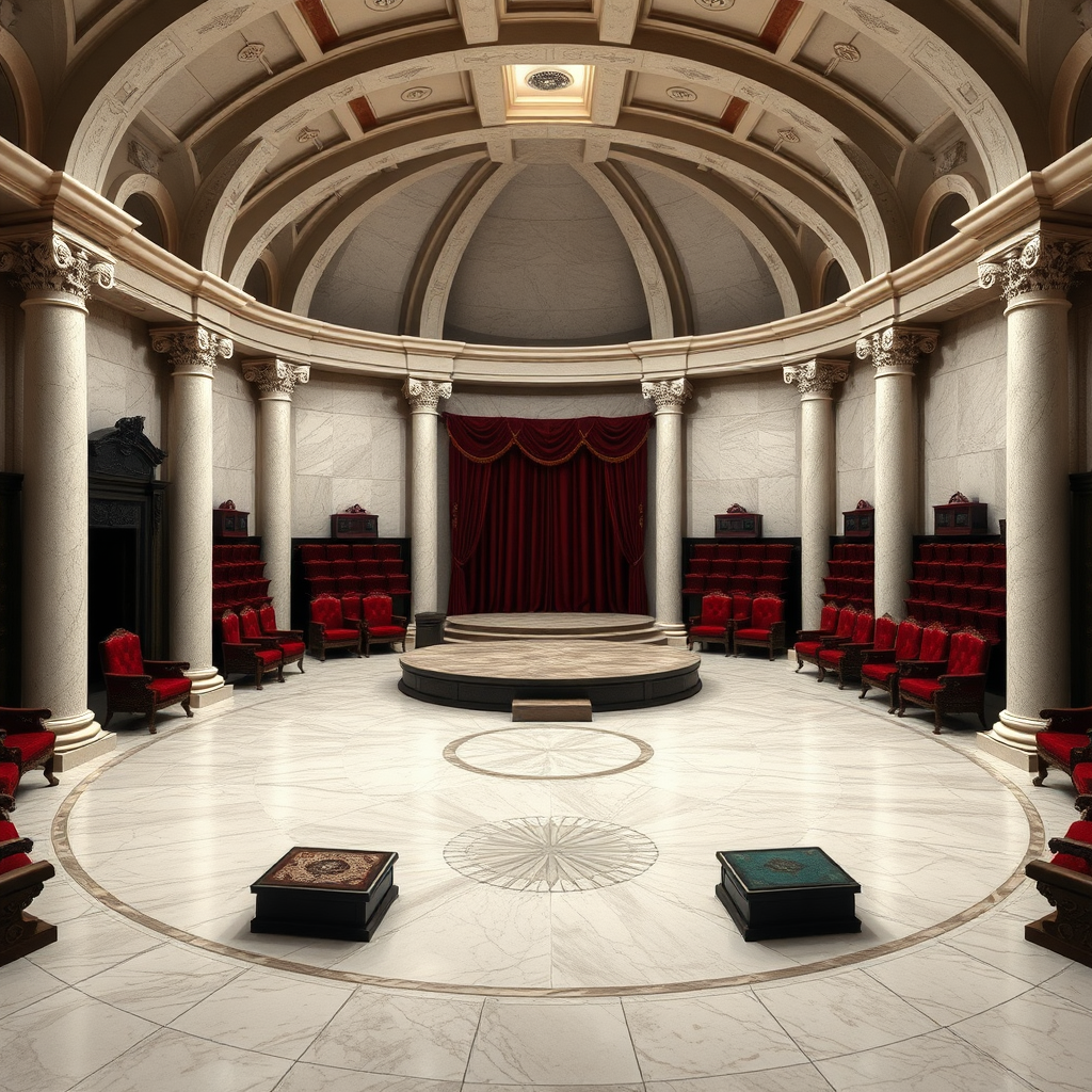 The auction hall is a cozy circular room, has polished marble floors and white alabaster pillars supporting a vaulted ceiling. With the main entrance at the south side and a small servants entrance at the north side of the room. The servants entrance is also where the slaves are brought in. Right in front of that small entrance are small display platforms where the slaves present themselves for potential buyers. Leading from their display platforms is a path that lead to the larger main auction platform at the center of the room. From the big main doors on the south side a path also leads to the middle. On both side (west and east) are ascending rows of plush seating made from velvet and mahogany.