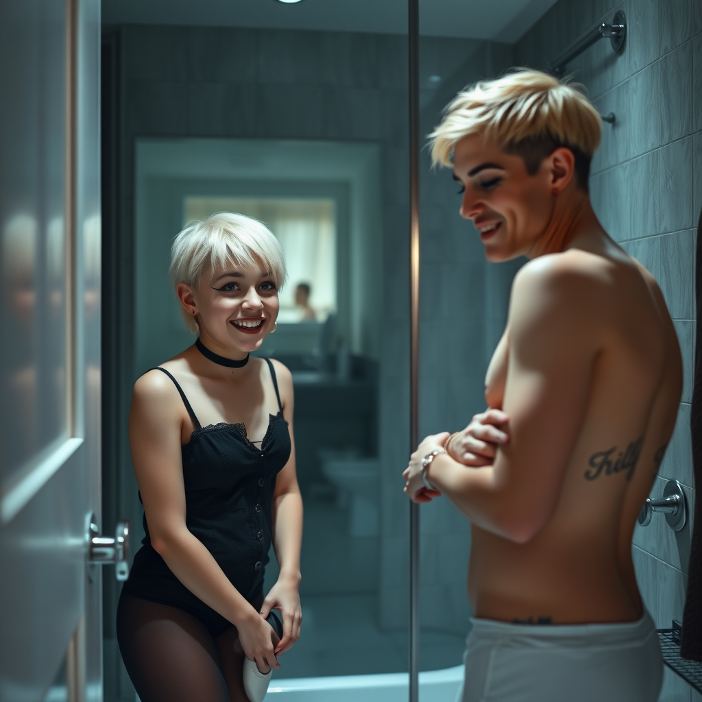 photorealistic, ultra high resolution, 16K, surreal fantasy, studio lighting, a 35 year old mother who is fully dressed for work is watching her pretty 14 year old goth son, slim male physique, short blonde hair, goth makeup, earrings, pantyhose, white ballet shoes, in the bathroom, excited smile, facing the camera.