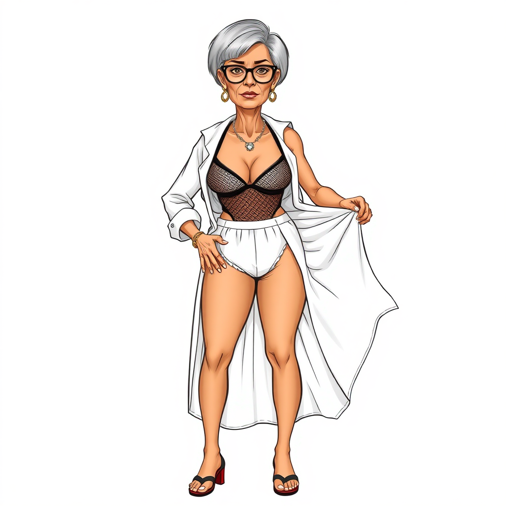 a towering 55 Years old, fit, slim, European, Latina, sharp aquiline nose, wrinkles, high cheekbones, Middle Eastern, Skinny, Tanned skin, Dark light skin, Rounded Medium breasts, Skinny thighs, full Makeup, jewelry, Serious face, Sharp nose, Ash hair, short bowl haircut, Brown eye color, Glasses, with detailed features. she is wearing an open white shirt, a black mesh balconette bras and a tight white high cut 1980s mesh cut out swimsuit and fully transparent white linen slit open pleated mini skirt, detailed fabric, detailed fabric. full body, high heels sandals, rolling up her skirt over her thighs, she is inviting the viewer to get closer, long establishing shot, 2D, caricature, cartoon, Sketch lines, coloring book, coloring book style on white background, well composed, clean coloring book page, No dither, no gradient, strong outline, No fill, No solids, vector illustration, realistic proportions