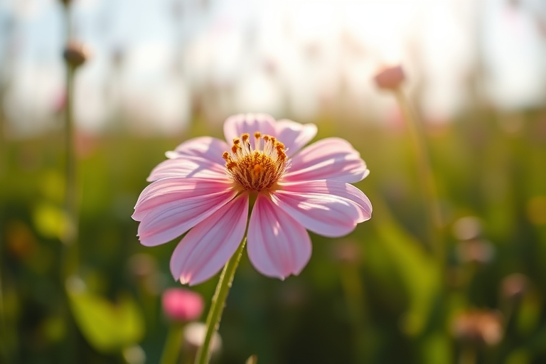 Draw a wildflower that looks like a photograph, with a softly expressed out-of-focus background and backlighting that lets sunlight shine through, as a flower photo from July, when greenery is abundant.