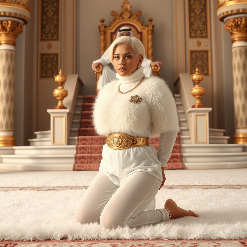 Kuwait desert palace throne room, throne raised on stair head, old overweight mighty sheik sitting on throne. In front of stairs, kneeling on white fluffy carpet: Melissa, European 17 years old very convincing femboy “trophy-bimbo”, tamed servile docile, rather short, by hormones very curvaceous womanly figured, platinum blond short tight curls, heavily made-up eyes, wearing Supertanya-style fluffy very fuzzy bright white angora turtleneck-poncho cropped ending under bust decorated with pearls and gemstones, striking oriental wide gold bridal protection belt, white fully transparent harem pants, full Oriental bridal jewelry, white sheer full Burka, coin anklets, striking diamond “$$$” letter brooch on left chest, pout frustrated, hands tied behind back, looking at camera. Full view, side perspective.