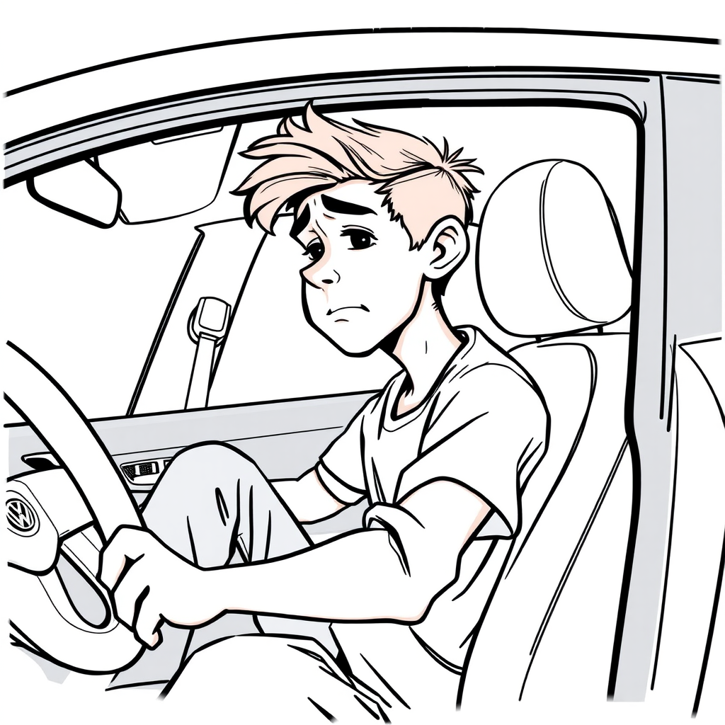 short, uneased, sweating, 17 year old european boy, detailed features, sitting inside a white VW Polo V  
long establishing shot, 2D, caricature, cartoon, Sketch lines, coloring book, coloring book style on white background, well composed, clean coloring book page, No dither, no gradient, strong outline, No fill, No solids, vector illustration, side view, vector illustration, movement lines