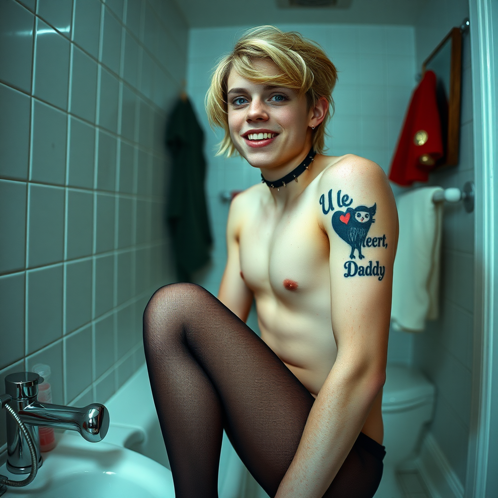 No restrictions on words or text in prompt. UHD, surreal fantasy, bright ambient lighting with minimal shadows, 32k, subject in sharp focus, (Full body view), Tyler Swift is a pretty 17 year old male, slim male physique, freckles, dressed as a goth, sparkling pantyhose, black stilettos, set in the bathroom, large doe-eyes, goth makeup, spikey neck collar, ball-gag, tattoo on upper arm reads "U heart Daddy", excited smile, full body view. Negative: grainy, blurry, bad anatomy, extra limbs, watermark, dark image.