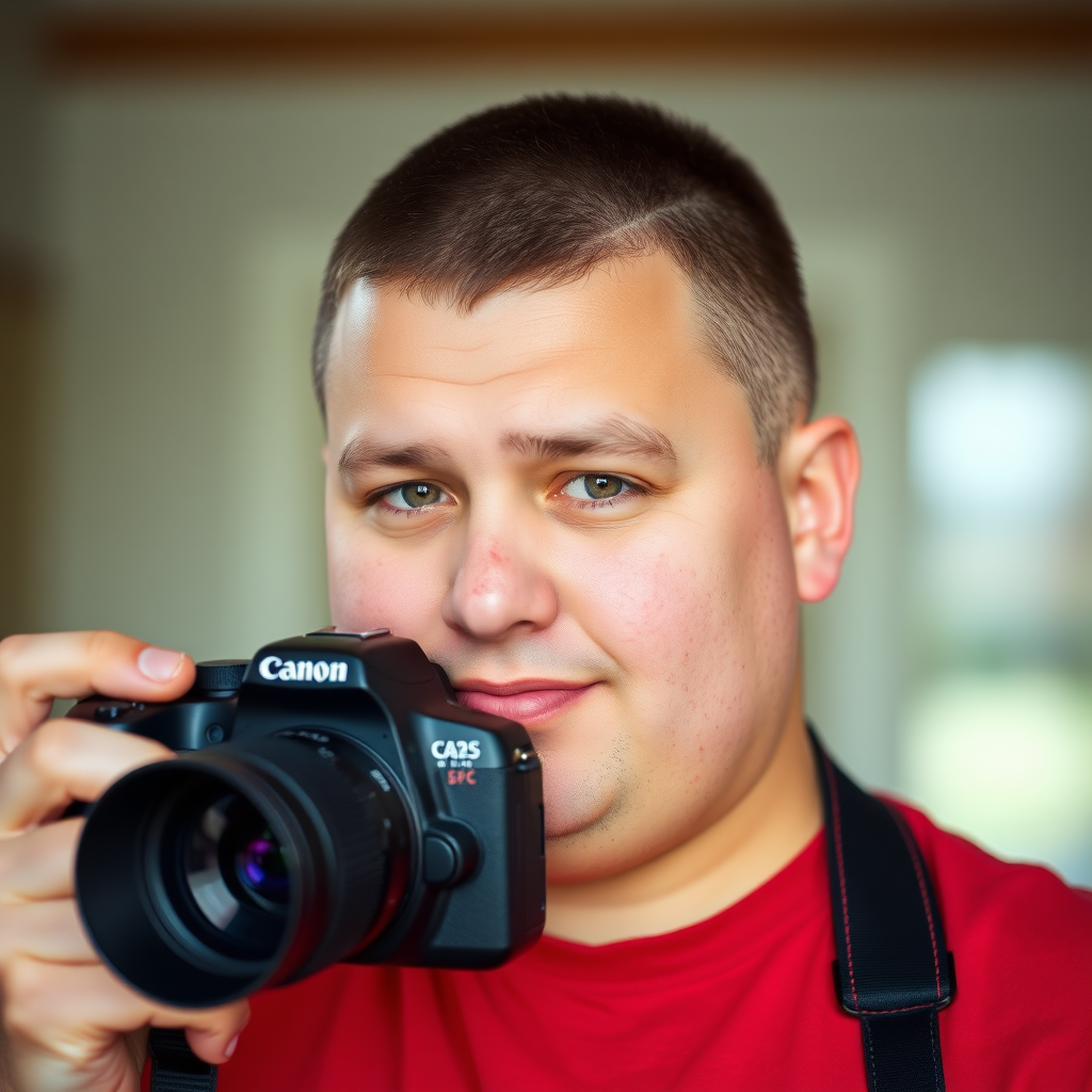 American, chubby, buzzcut hair, pale, canon camera, red shirt