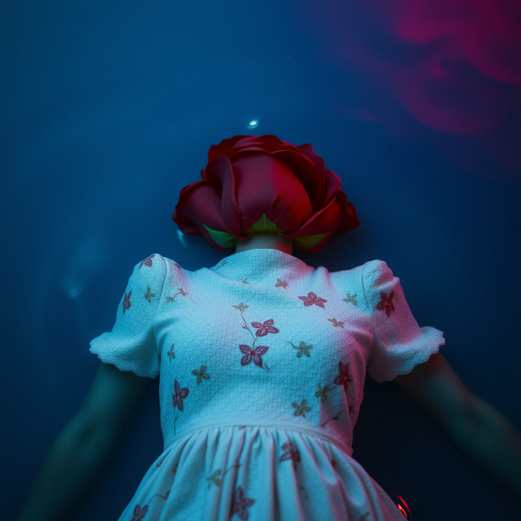 A red rose bouquet head, no human, front view, wearing a white textured dress with pastel minimal floral print design, closeup shot, hyperrealistic, lying inside water with blue and pink effect, nighttime, dark