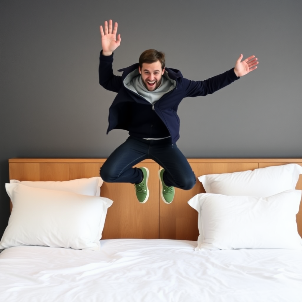 Guy jumping to his bed. His bed welcomes him.