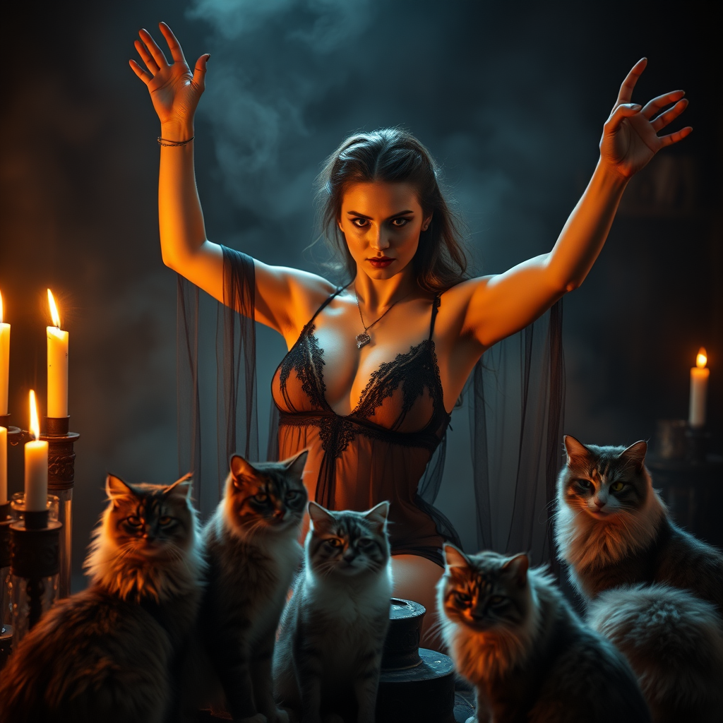 imagine: An seductive witch with a beautifully sinister face both arms up menacingly at the viewer intensely with one arm up high in the air. She's wearing transparent negligee. Cosplayed by a Romanian dancer. The scene is dramatically lit and filled with amazing details and the tools of the witchcraft trade. Several Siberian cats do her bidding.