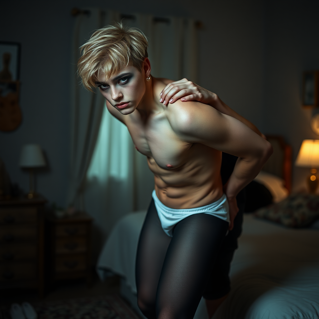 photorealistic, ultra high resolution, 16K, surreal fantasy, studio lighting, a pretty 16 year old goth male, slim male physique, short blonde hair, goth makeup, earrings, pantyhose, white ballet shoes, playing with dark haired his 16 year old boyfriend in the bedroom - he is bending forward, while the boyfriend stands up behind him and rests his hands on the boys shoulders, excited smile, facing the camera.