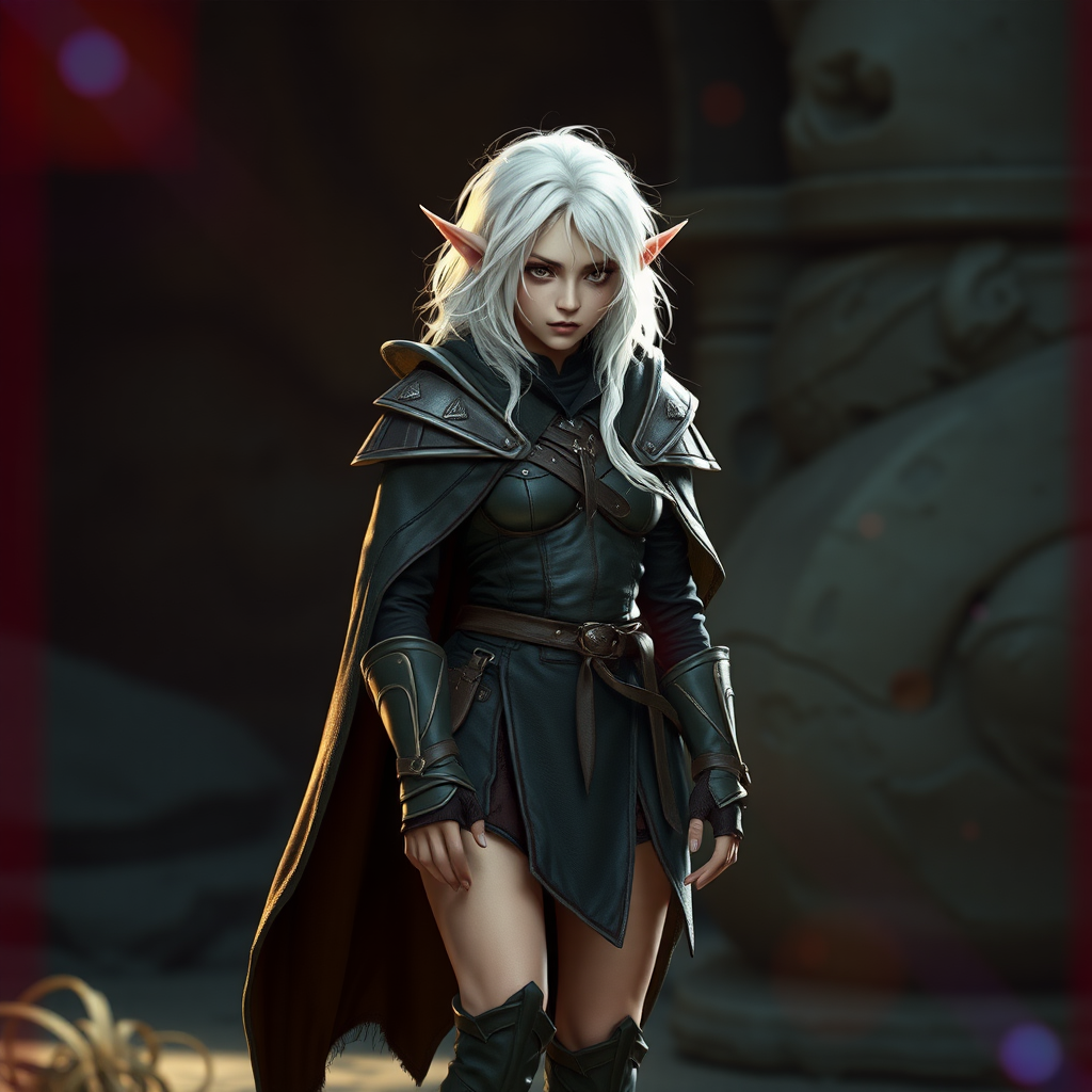 A twenty-something elf girl like (Deedlit), a character come to life. messy shoulder length white hair. wide triangular shoulder pads, flowing cloak, leather armor, skirt, high heel ankle boots. WLOP style. Photorealistic digital matte painting, highly detailed, film grain, lens flare, chromatic aberration.