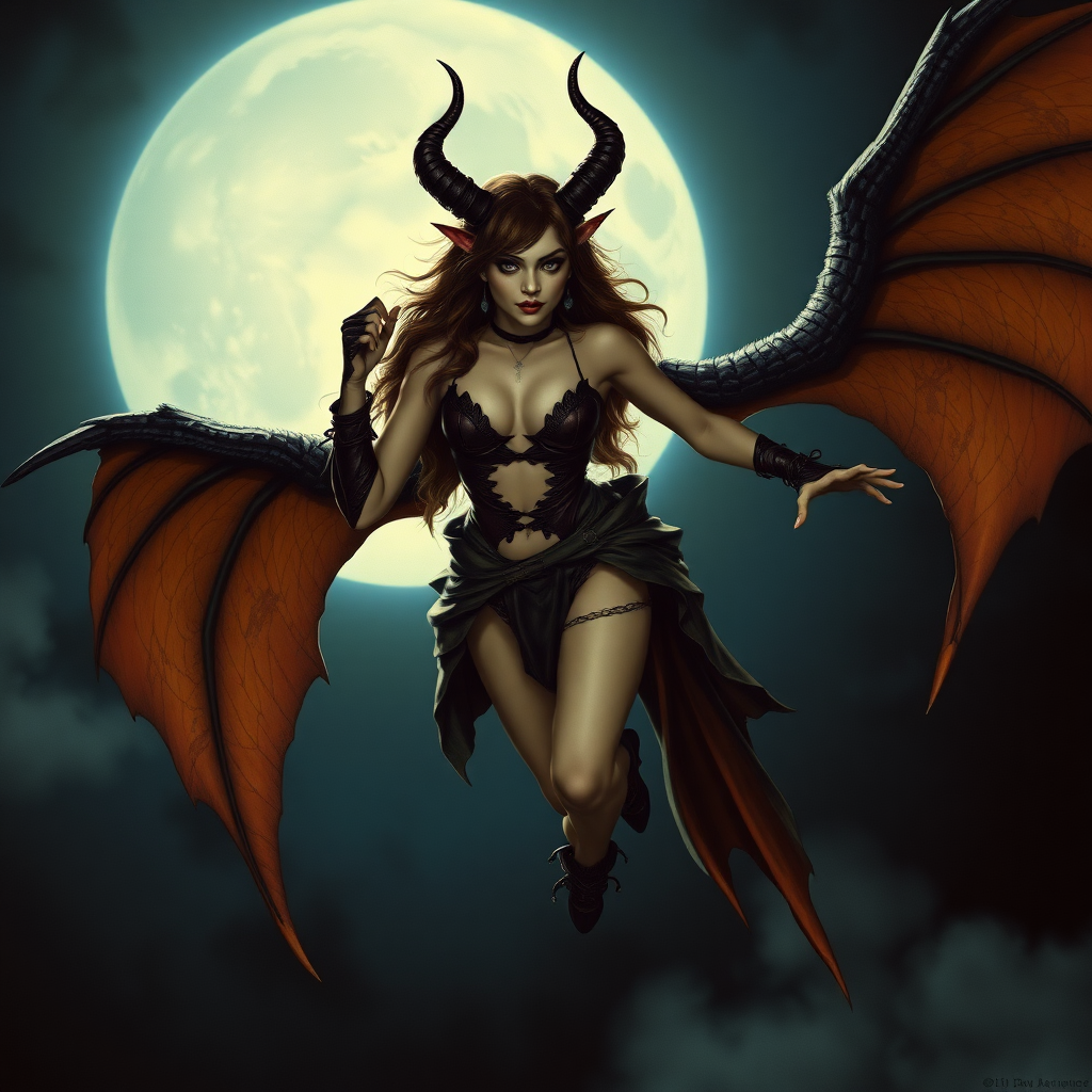 A beautiful winged succubus staring wickedly her outfit is designed to entice. She's flying high in a dark, moonlit sky. The scene is dark and spooky with the art styling of Brian Froud. Cosplayed by a young Drew Barrymore.