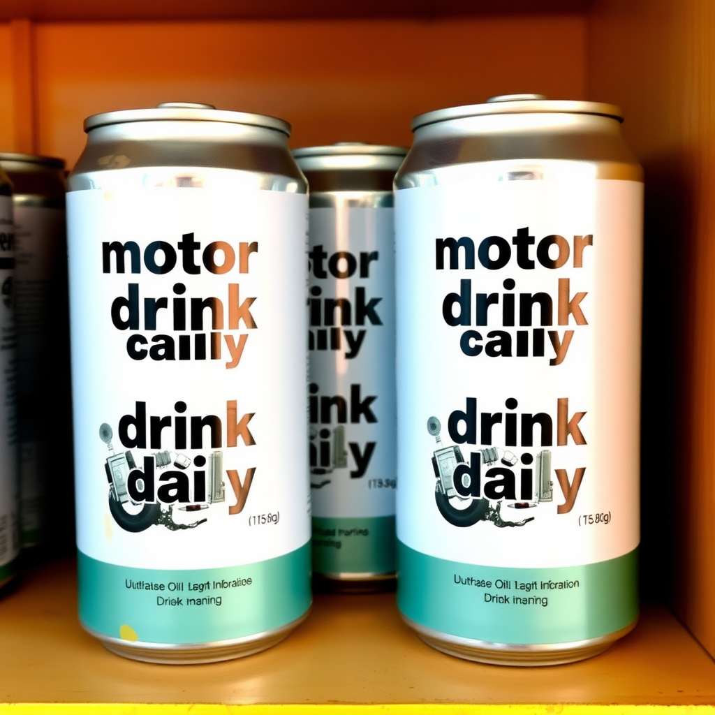 a small shelf with cans that have an image of car engine on the label and text saying "motor oil drink daily"