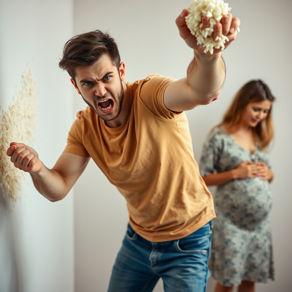 An angry, young, Caucasian man throwing a rice at the wall. His pregnant wife is in the background, cowering in fear.