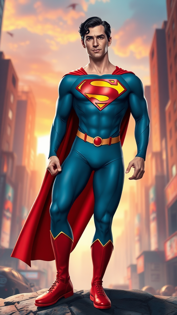 Create a full-length image of Superman using Elastigirl’s female body structure. Retain Superman’s head, hairstyle, and facial features. Include his original costume, enhancing it with unique embellishments to match the new proportions. The background should draw inspiration from both Superman's iconic scenes and Elastigirl's vibrant settings, blending elements that reflect both characters’ worlds. Focus on vibrant colors and dynamic poses to emphasize the character's strength and flexibility. The overall composition should celebrate the essence of both heroes while showcasing this creative reinterpretation.