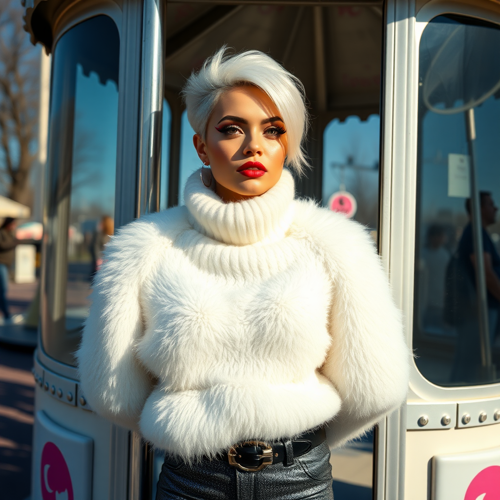 Amusement park “kissing booth”, sunny spring Sunday morning. Sam, 19 years old beautiful involuntary femboy, rebellious intractable character, petite boyish figure, platinum blond boyish rebel punk hairstyle, flawless heavily made-up face with sharp arched tattooed eyebrows, wearing Supertanya-style fluffy very fuzzy bright white angora thigh-length turtleneck-poncho fully covering body and arms, silver-glitter leggings, black leather high-heeled pumps, silver earrings, both hands tied to pole behind back, standing inside kissing booth, waiting for next customer to kiss. Focus on Sam’s face and turtleneck-poncho.