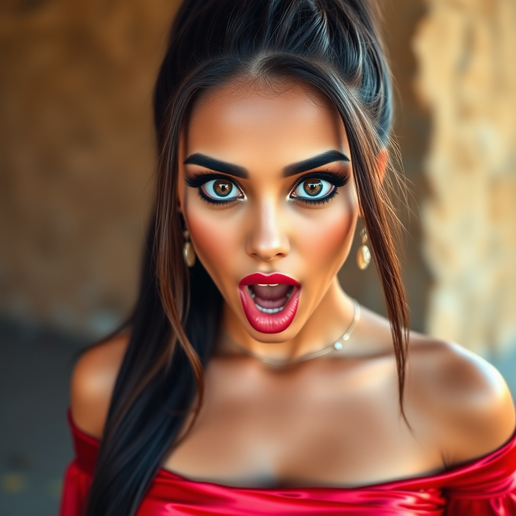 surprised Arabian girl with mouth open. She has very large eyes, black eyeshadow, black eyeliner, fake eyelashes, very tanned skin, very long hair. very high ponytail, red off shoulder shinny crop top. photo realistic