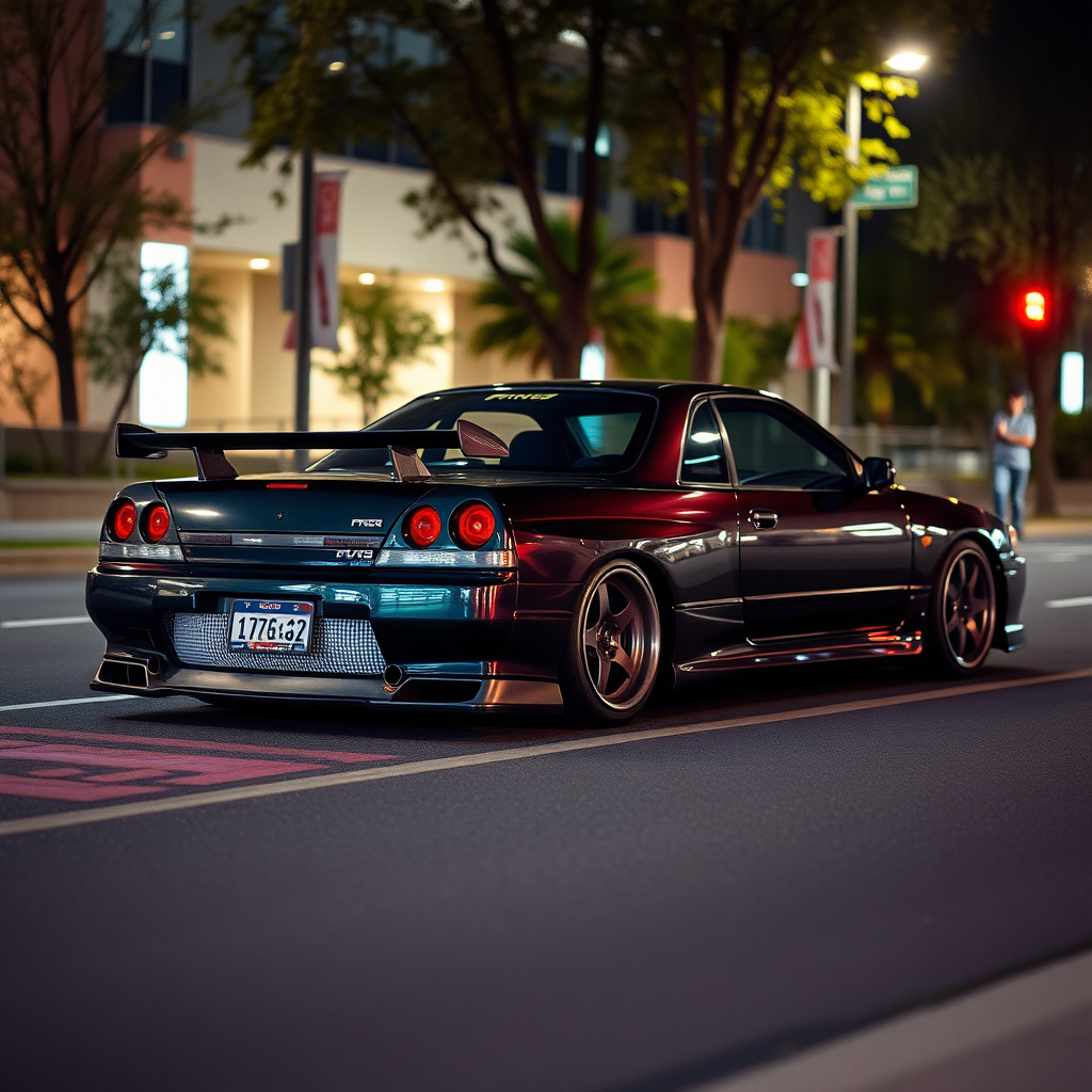 the car is parked on the side of the road, inspired by Taiyō Matsumoto, tumblr, restomod, nd4, c4 metallic shine nissan skyline r34