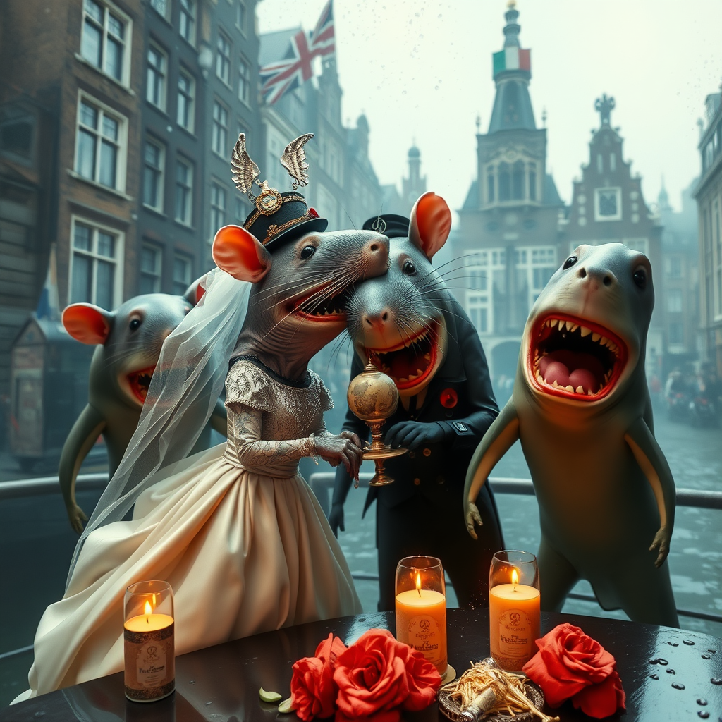 A rat wedding being attacked by hammerhead sharks, no text, Lovecraftian, in Amsterdam, steam punk, tacky