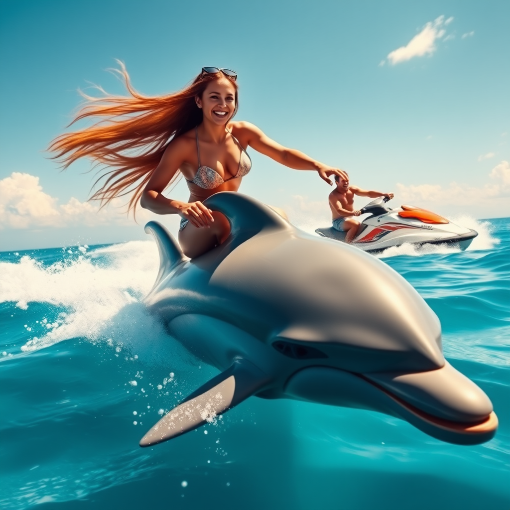 Create a vibrant, sun-kissed scene featuring a stunning woman wearing a bikini, joyfully riding on the back of a sleek and fast dolphin as they engage in a thrilling race against a high-speed Jet Ski. The man driving the Jet Ski should be visible, adding to the excitement of the underwater competition. Incorporate clear blue ocean waters with subtle waves and a sunny sky with a few white, fluffy clouds for atmosphere. Ensure the woman is smiling and has long hair flowing freely in the wind created by their movement.