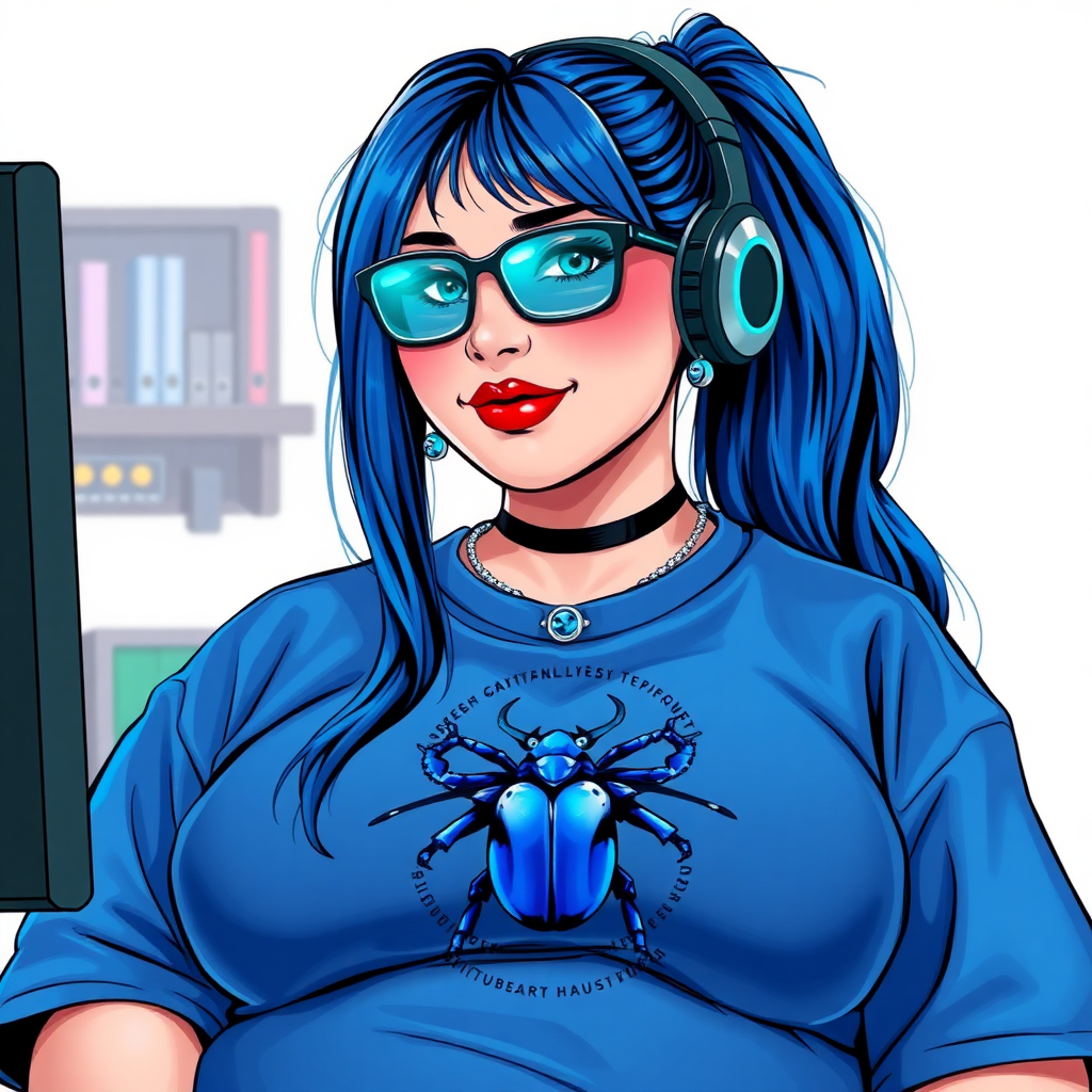 A cyberpunk vigilante’s full-figured intelligent and tech-savvy 28-year-old girlfriend, who is a computer hacker and tech genius. She has a long maximum blue ponytail. She wears maximum blue lipstick, bright blue eyes, a sapphire beetle gemstone necklace, sapphire earrings, black eyeglasses, and an oversized maximum blue t-shirt featuring a blue sapphire gemstone crusted chest emblem of a beetle. She has a full-figured physique with a prominent, massive, round belly, reflecting her well-cared-for lifestyle. She sports a sapphire headset with a hi-tech maximum turquoise lensed HUD, and a shy smile with a neon red blush. She serves as his tech expert from his hideout, diligently working at her workbench and computer desk. The background is solid white. She is drawn as if she was in a retro 2D cyberpunk fighting game. Ensure her maximum blue t-shirt covers her belly.