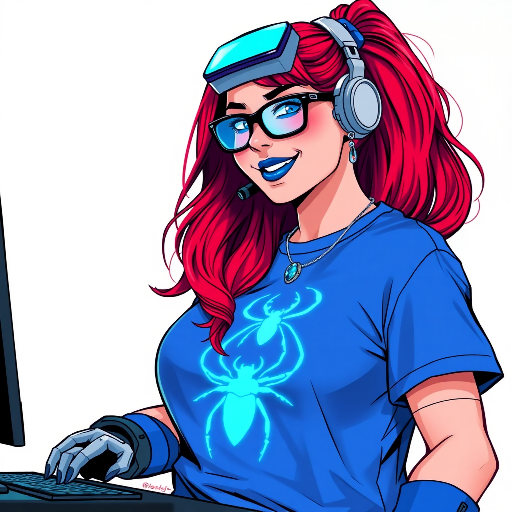 A cyberpunk vigilante’s full-figured intelligent and tech-savvy 29-year-old girlfriend, who is a computer hacker and tech genius. She has a long ruby red ponytail and bright blue eyes. She wears maximum blue lipstick, a sapphire beetle gemstone necklace, sapphire earrings, black eyeglasses, hi-tech metal arm armor, and an oversized maximum blue t-shirt featuring a neon blue glowing icon of a scarab beetle on its chest. She has a full-figured physique with a giant, round midsection, reflecting her well-cared-for lifestyle. She sports a sapphire headset with a hi-tech maximum turquoise lensed HUD, and a beaming smile with a passionate bright red blush. She serves as his tech expert from his hideout, diligently working at her lab table and computer desk. The background is solid white. She is drawn as if she was in a retro 2D cyberpunk fighting game.