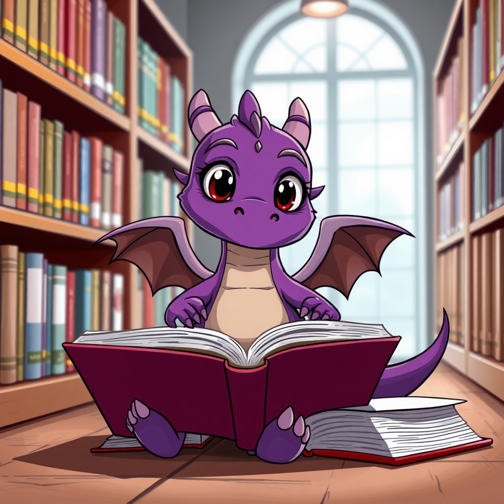 A cartoon bored purple small dragon with two legs, two arms, black eyes with red pupils and wings in a library reading from a large book that is sitting on the ground beside him.