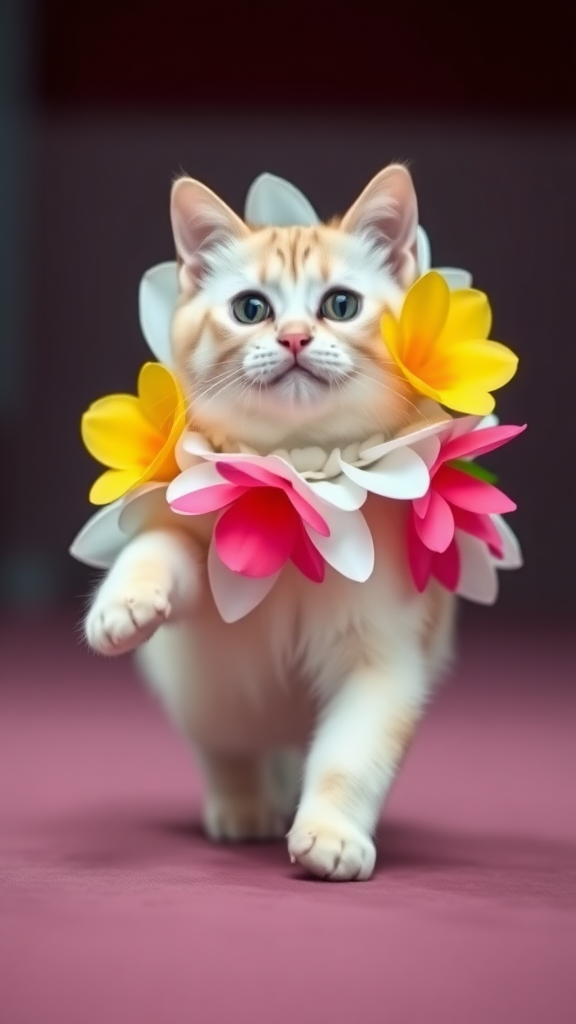 A little chubby big yes pink nose white cat walking ok two paws wearing a white real colourful flower costume doing ramp walk.