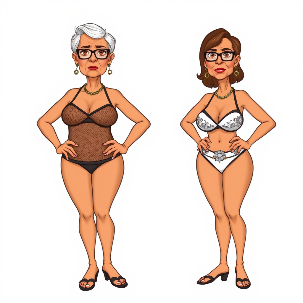 a towering 55 Years old, fit, slim, European, Latina, sharp aquiline nose, wrinkles, high cheekbones, Middle Eastern, Skinny, Tanned skin, Dark light skin, Rounded Medium breasts, Skinny thighs, full Makeup, jewelry, Serious face, Sharp nose, Ash hair, short bowl haircut, Brown eye color, Glasses, with detailed features. Hands on hips, she is wearing a transparent brown mesh tight tank top, black balconette bras and embroidered white thong, detailed fabric. full body, high heels sandals, she is gesturing at the viewer, 
long establishing shot, 2D, caricature, cartoon, Sketch lines, coloring book, nlack and white, coloring book style on white background, well composed, clean coloring book page, No dither, no gradient, strong outline, No fill, No solids, vector illustration, realistic proportions