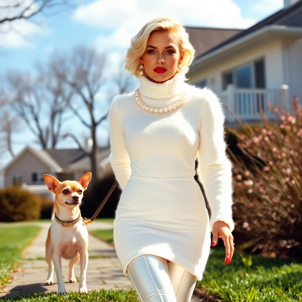 1990s The Hamptons sunny spring morning, chichi-society super luxury neighborhood, walking her Chihuahua: Ana, European 17 years old very convincing femboy “trophy-bimbo”, tamed servile docile, very beautiful feminine flawless face, rather short boyish figure, platinum blond short tight curls, bold red lips, heavily made-up face, long French nails, wearing Supertanya-style tight fluffy very fuzzy bright white angora figure-hugging turtleneck-sweaterdress with white pearl decoration, white vinyl thigh-high boots with golden heels, pearl earrings, arrogant serious, prancing holding leash.