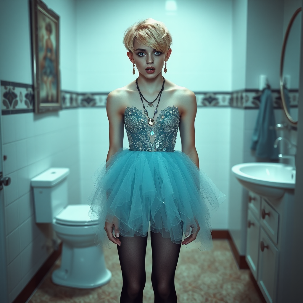 photorealistic, ultra high resolution, 16K, surreal fantasy, soft studio lighting, Caleb Swift is a pretty 16 year old goth male, slim male physique, blonde hair, blue eyes with enlarged pupils, goth makeup, earrings, sparkling princess gown, sheer pantyhose, standing on the floor of the bathroom, excited mouth, full body front view of Caleb facing the camera.