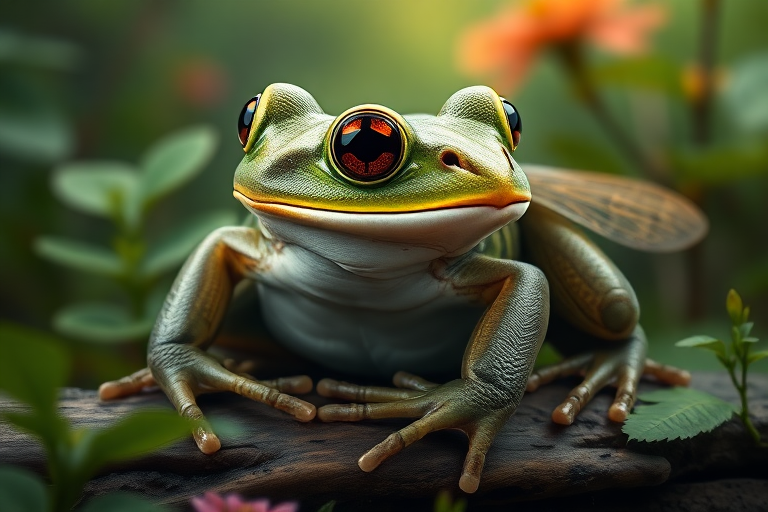 Create a full-length photorealistic image of a frog modeled after the framework and silhouette of a horsefly, ensuring the frog's head remains intact complete with distinct facial features. Retain the frog's smooth skin texture alongside soft, fur-like details representing the horsefly's characteristics. For the background, blend elements from both the frog's natural habitat and the horsefly's environment, incorporating lush greenery and vibrant colors to evoke the essence of each creature. The scene should harmonize these diverse attributes, showcasing a unique fusion of the two animals.