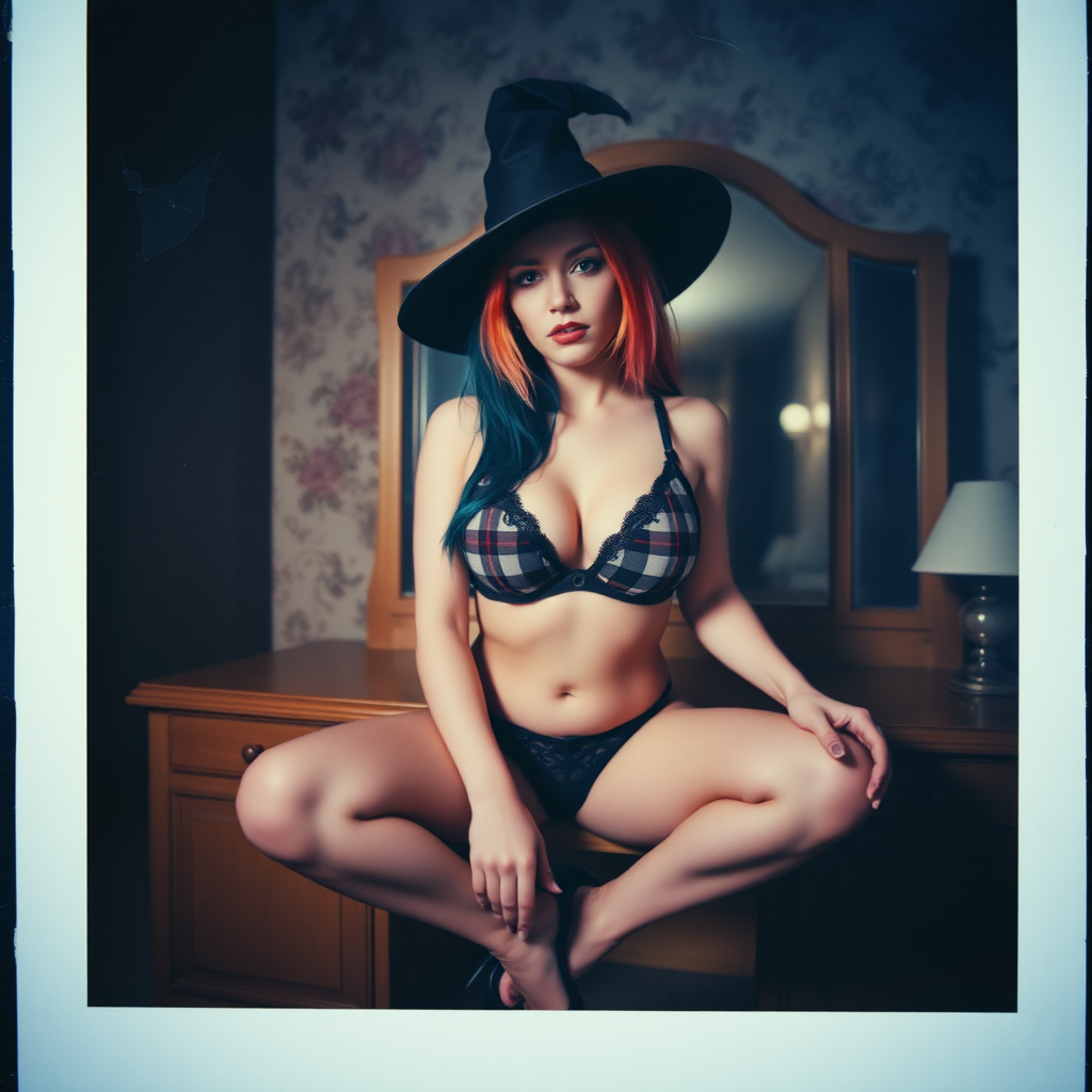 can of an old polaroid photo with heavy dark vignetting and a blue color tint to the photograph and visible light leaks. The photo depicts a sexy alt goth woman with pale skin and brightly colored dyed hair. She has large breasts with ample cleavage and is wearing a plaid bra with triangle shaped cups. She is wearing a witch hat. The image looks hazy and grungy. She is in an old house with wallpaper on the walls. Dark lighting with camera flash used. Candid. she is wearing a tiny revealing lace thong. She is sitting on a builtin vanity with a mirror with her knees spread apart. She is wearing black high heels.