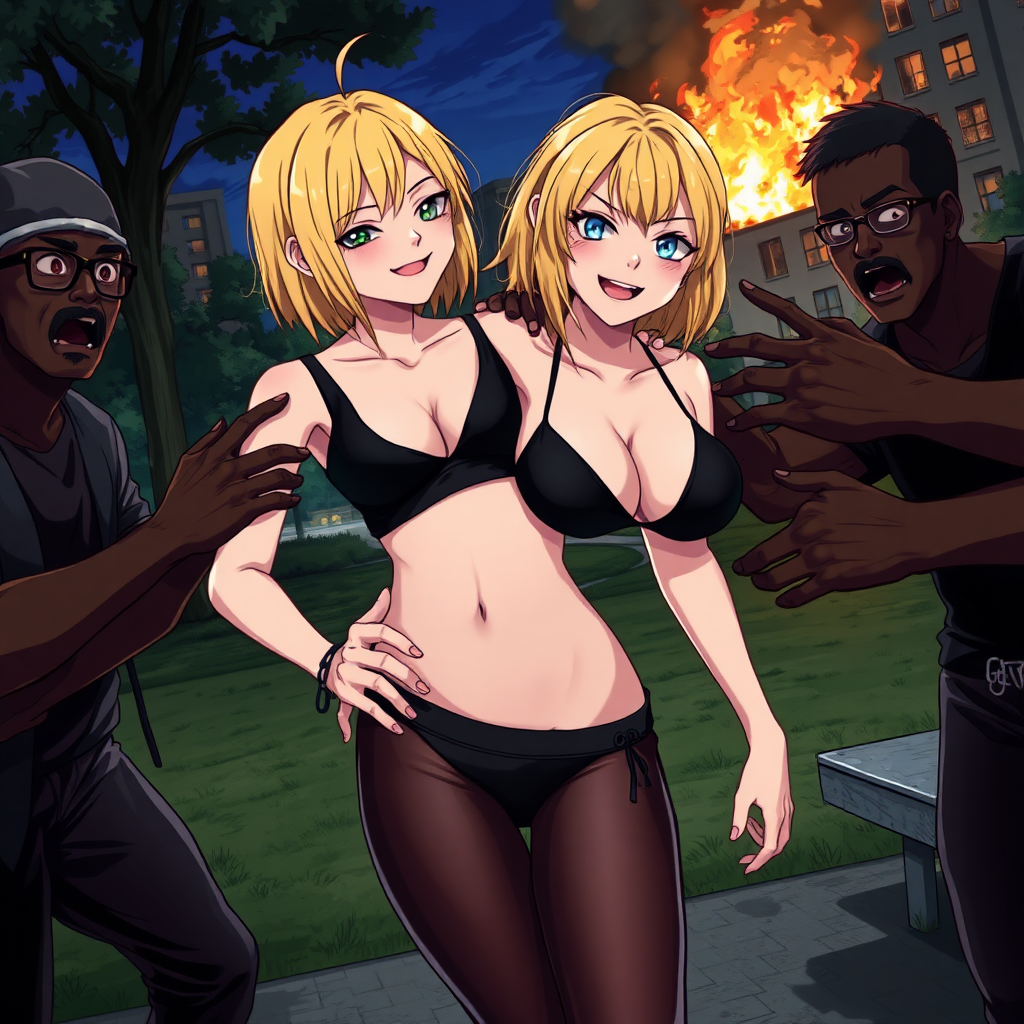 Anime art of 2 women and hands of thug black-African rioters next to her touching and grabbing her all over, medium blonde hair, wicked smile, a black, sleeveless crop top that reveals the woman's falling-down black bra and a high-waisted, wicked smile, large breast, wearing ripped black thong underwear. She is also wearing black sheer tights and black sneakers with white laces, in a park with 1 building on fire at night from riots background.