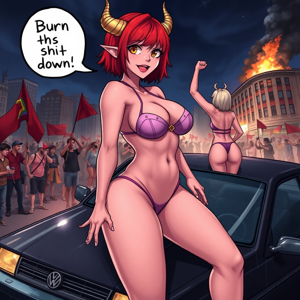 A anime drawing: A seductive hypersexual succubus woman, wicked smirk, speech bubble "Burn this shit down", short red hair, mega-colossal huge massive boobs/tits/breasts that can barely fit in a bikini her right-hand into/inside her thong to her vagina, standing on the hood of a car, horns, yellow eyes, sexy waist, full body, a city on night being overtaken by rioters with red-flags/LGBTQ flags/and Raised Fist Flags, Molotov cocktails, there is another blond succubus girl there standing backside with her fist raised up with a building on fire.