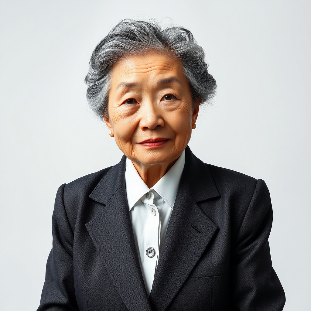 80 age old korean woman, front, woman suit, photo studio background, black and white hair,