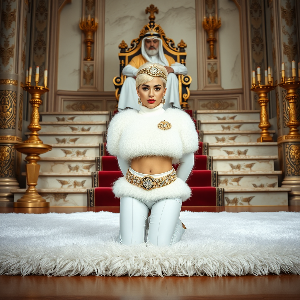 Kuwait desert palace throne room, throne raised on stair head, old overweight mighty sheik sitting on throne. In front of stairs, kneeling on white fluffy carpet: Melissa, European 17 years old very convincing femboy “trophy-bimbo”, tamed servile docile, very beautiful feminine flawless face, rather short boyish figure, platinum blond short tight curls, bold red lips, heavily made-up face, wearing Supertanya-style fluffy very fuzzy bright white angora turtleneck-poncho cropped ending under bust decorated with pearls and gemstones, striking oriental ancient chastity belt, white vinyl thigh-high boots with golden heels, full Oriental bridal jewelry with striking headpiece, full Oriental face-jewelry, striking diamond “HAVARD” letter brooch on left chest, pout frustrated, hands tied behind back, looking at camera. Full viewof scene, side perspective.