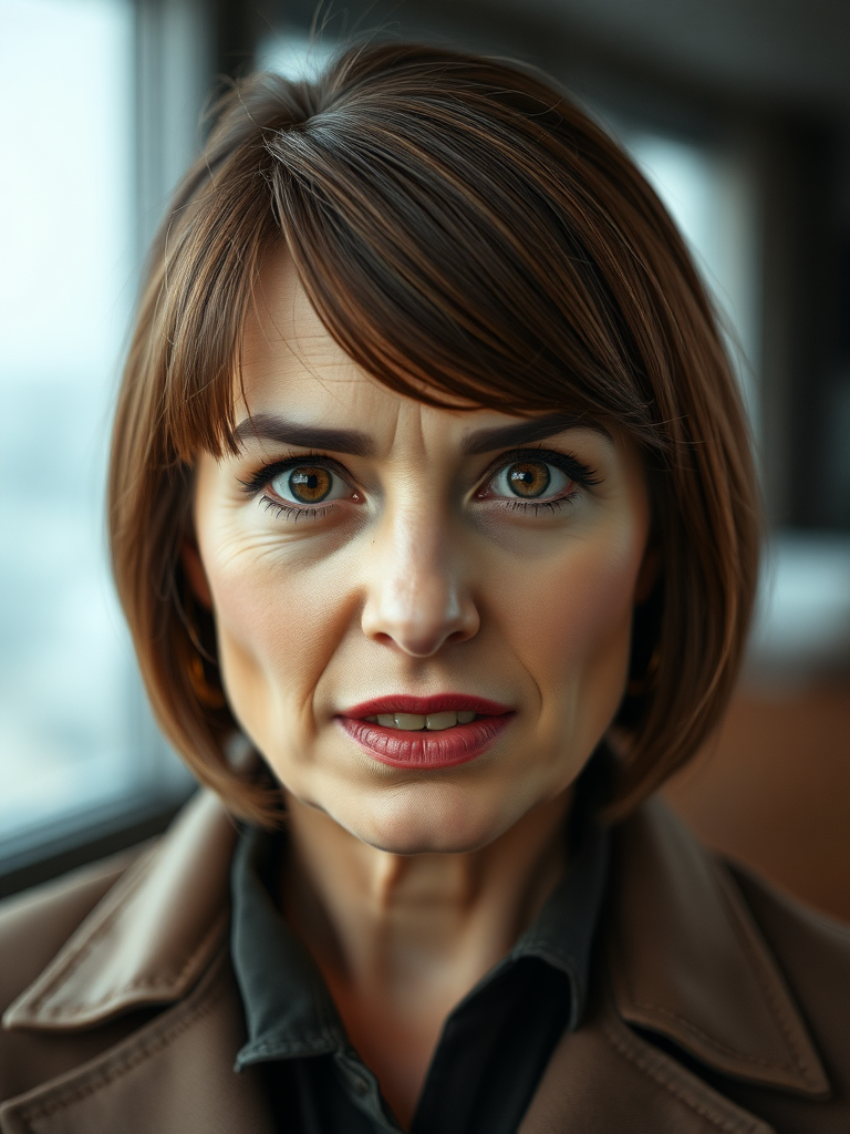 mature secretary, short brown bobcut, swept bang, brown piercing eyes, thick dark eyebrows, big nose, big mouth, big yellowish teeth, moles, skin imperfections, youthful, severe expression