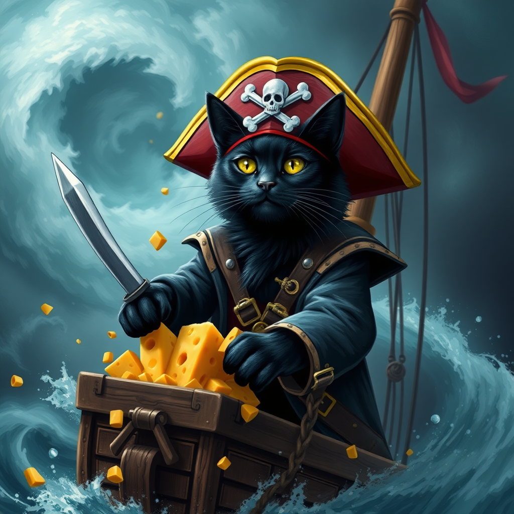 Black cat pirate Captain with treasure cheese filled with cheese on a pirate ship in a hurricane