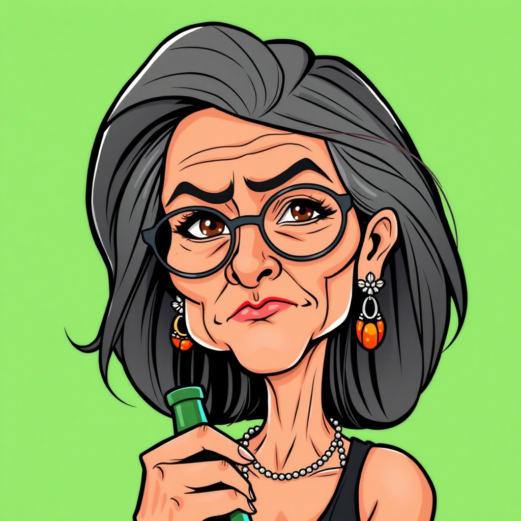 a full body portrait of a 50 Years old, gorgeous, fit, European, Latina, sharp aquiline nose, wrinkles, high cheekbones, Middle Eastern, Skinny, Tanned skin, Dark light skin, full Makeup, jewelry, Sharp nose, frowning, exaggerated cartoon emotions, lascive, pouting, holding a bottle, dark grey Ash hair, short bowl haircut, Brown eye color, half closed eyes, round Glasses, with detailed features. cut out and isolated on a green background. 2D, caricature, cartoon, Sketch lines, coloring book style, well composed, clean coloring book page, No dither, no gradient, strong outline, vector illustration,