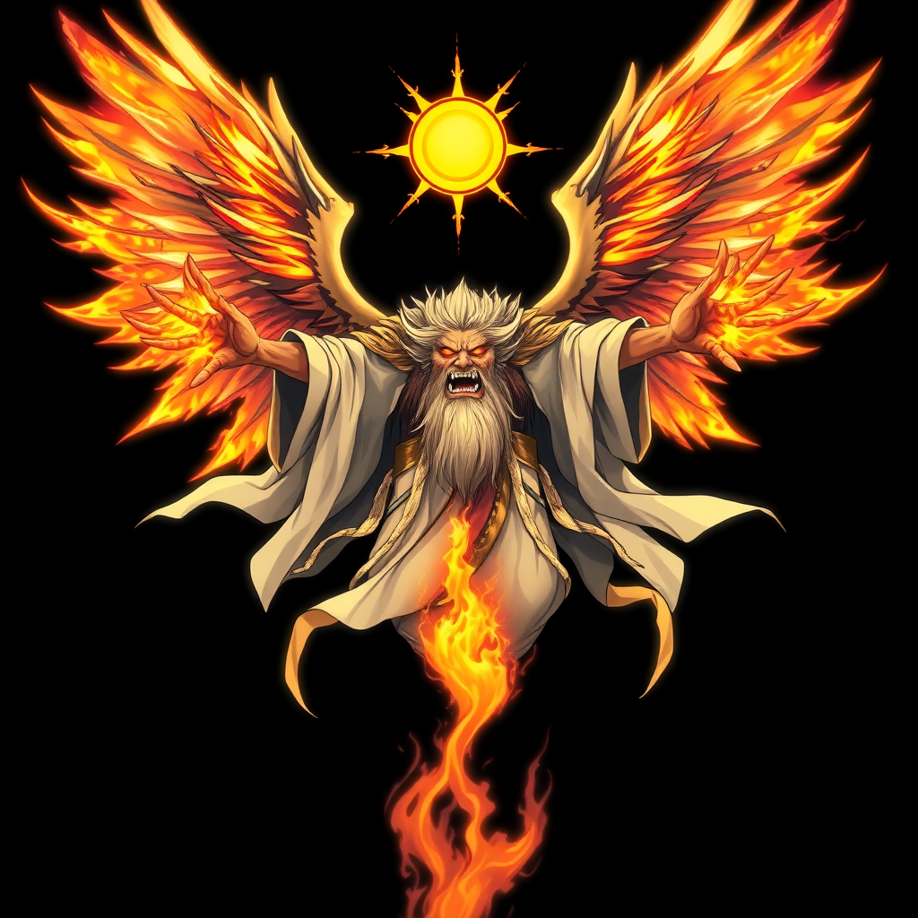 (Anime styled art) Black background of an ominous, divine yet malevolent being hovers mid-air, radiating an overwhelming presence. His four wings blaze with fierce, roaring flames, while a fractured halo—resembling the sun—floats above his head. Clad in flowing robes of white, gold, and black that shimmer like solar flares, his long, ancient beard adds to his fearsome visage. His wrathful, ember-like eyes burn with fiery intensity, and in his hand, he grips a searing, solar flame that blazes in hues of yellow and orange, pulsating with destructive power.