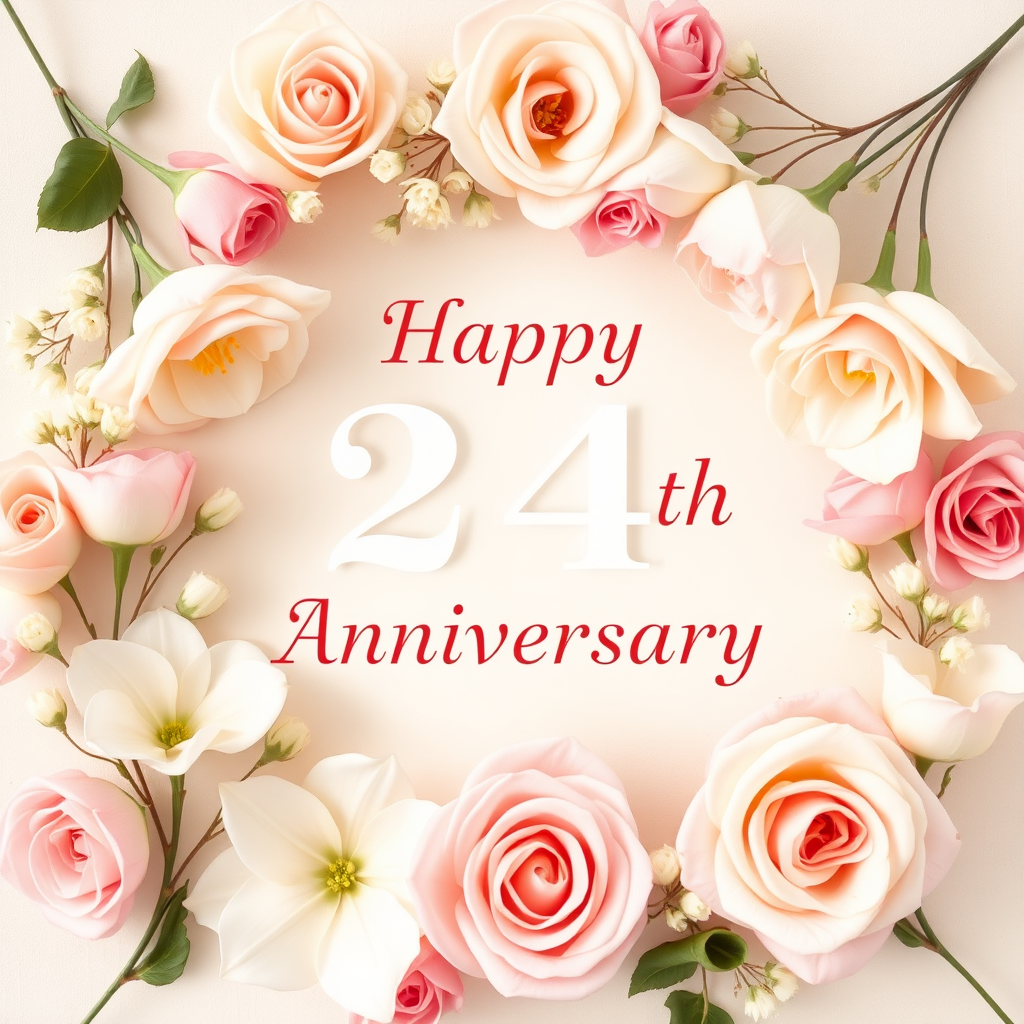 Create a soft, elegant image for a 24th wedding anniversary, blending celebration and love. Include delicate flowers, such as roses or lilies, arranged around a message that reads: "Happy 24th Wedding Anniversary". Incorporate soft pastel colors like pinks, creams, and whites. The overall vibe should be warm, romantic, and joyous, capturing the essence of love and commitment over the years.