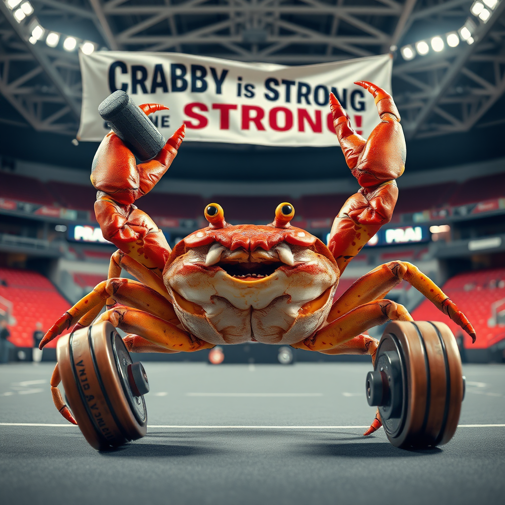 A photo realistic crab lifting weights with his claws in a sport arena with a banner overhead that says "Crabby is Strong"